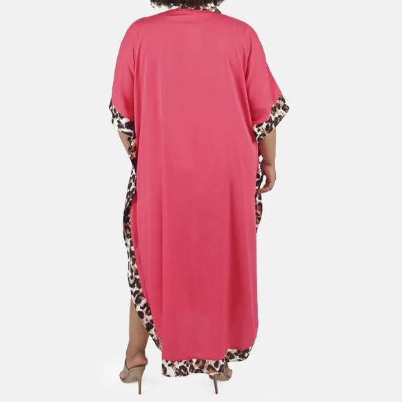 CROCKET RED LEOPARD PRINT MIX POCKETS FULL LENGTH CAFTAN DRESS COVERUP KAFTAN - Picture 3 of 5
